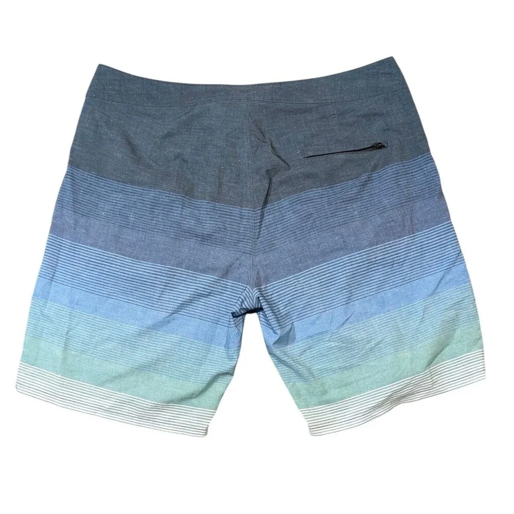 Travis Mathew Mens Striped Board Shorts Blue Green White Size 38 Swim Trunks